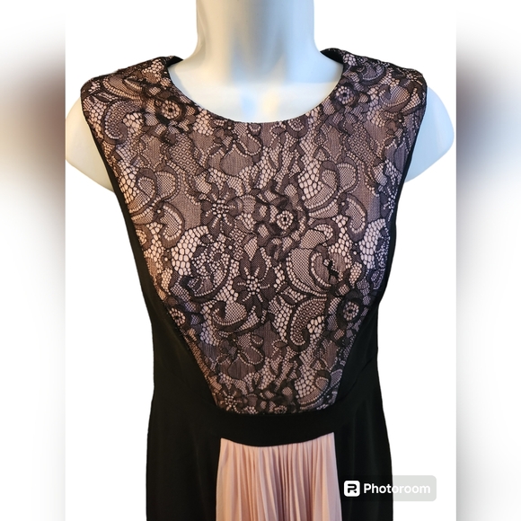 JS Collections Lace & Pleat Panel Crepe Black Pink Gown Dress Size 4 - Picture 2 of 5